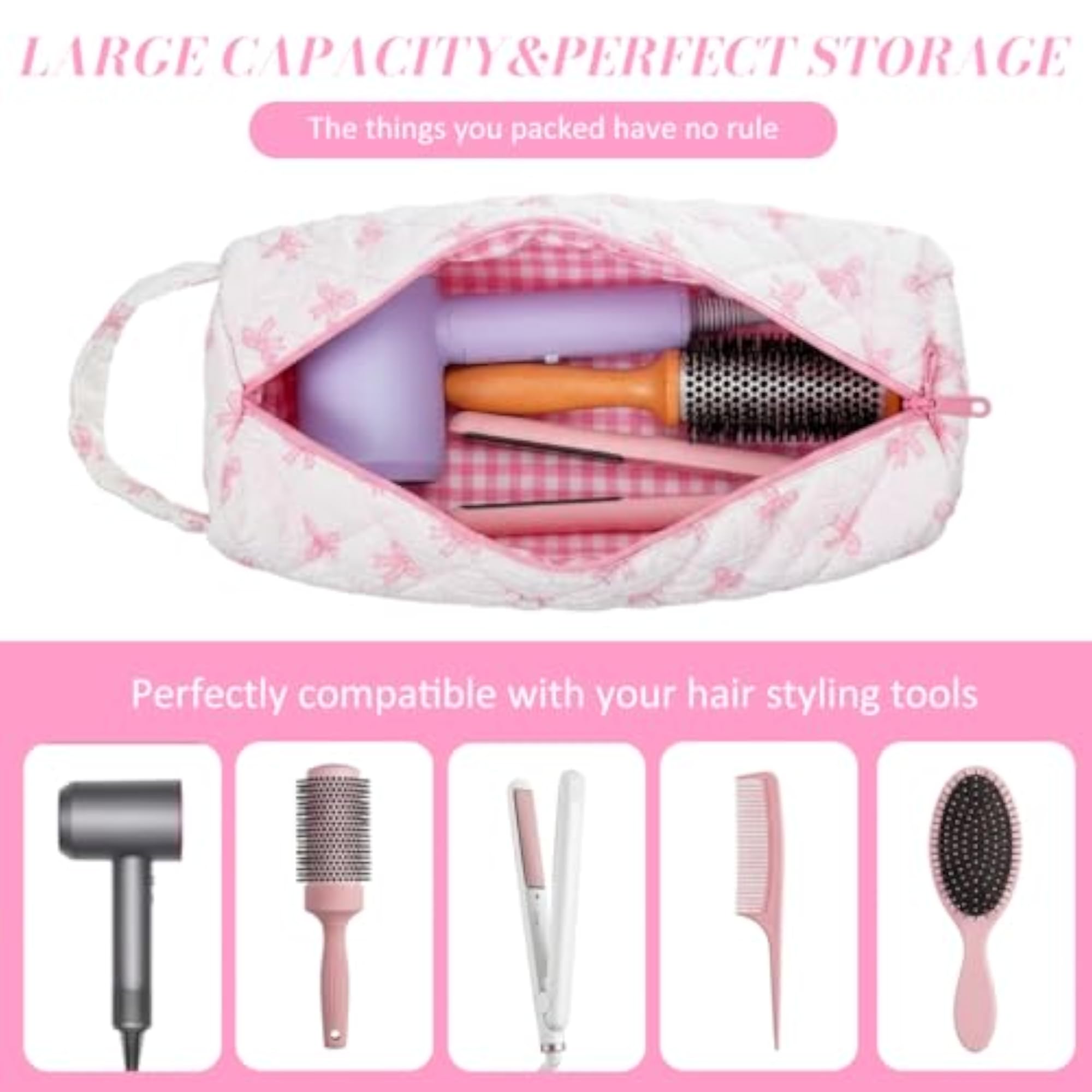 Quilted Hair Dryer Storage Bag, Zipper Closure